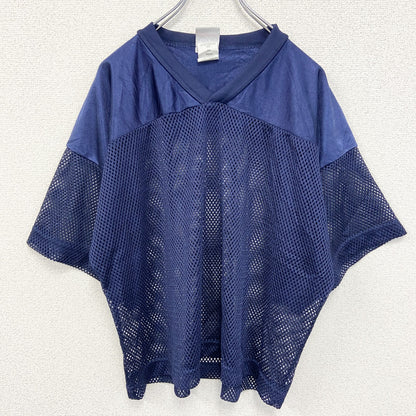 古着 used　ADAMS USA　半袖デザインTシャツ　メッシュ　青　ブルー　Vネック　個性的　レトロ　Lサイズ