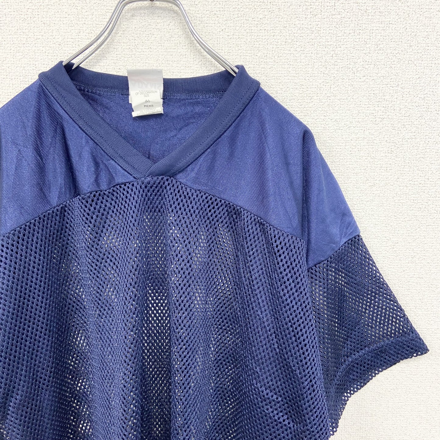 古着 used　ADAMS USA　半袖デザインTシャツ　メッシュ　青　ブルー　Vネック　個性的　レトロ　Lサイズ