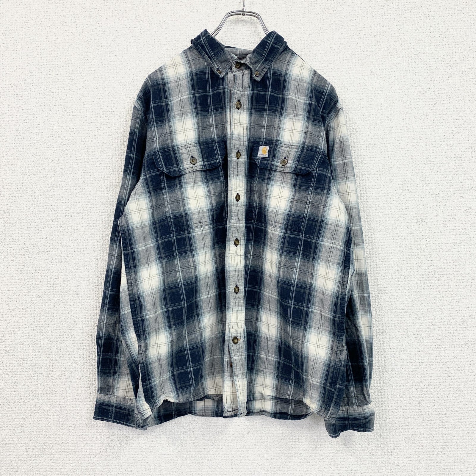 Carhartt　カーハート　長袖ボタンダウンシャツ　オンブレチェック　紺　ネイビー　Mサイズ