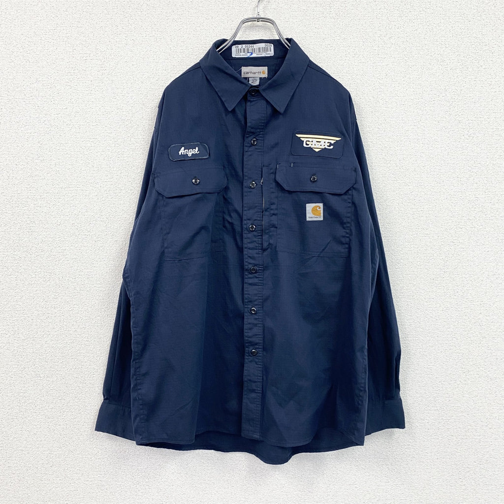 Carhartt　カーハート　長袖ワークシャツ　リップストップ　ワッペンカスタム　紺　ネイビー　Lサイズ