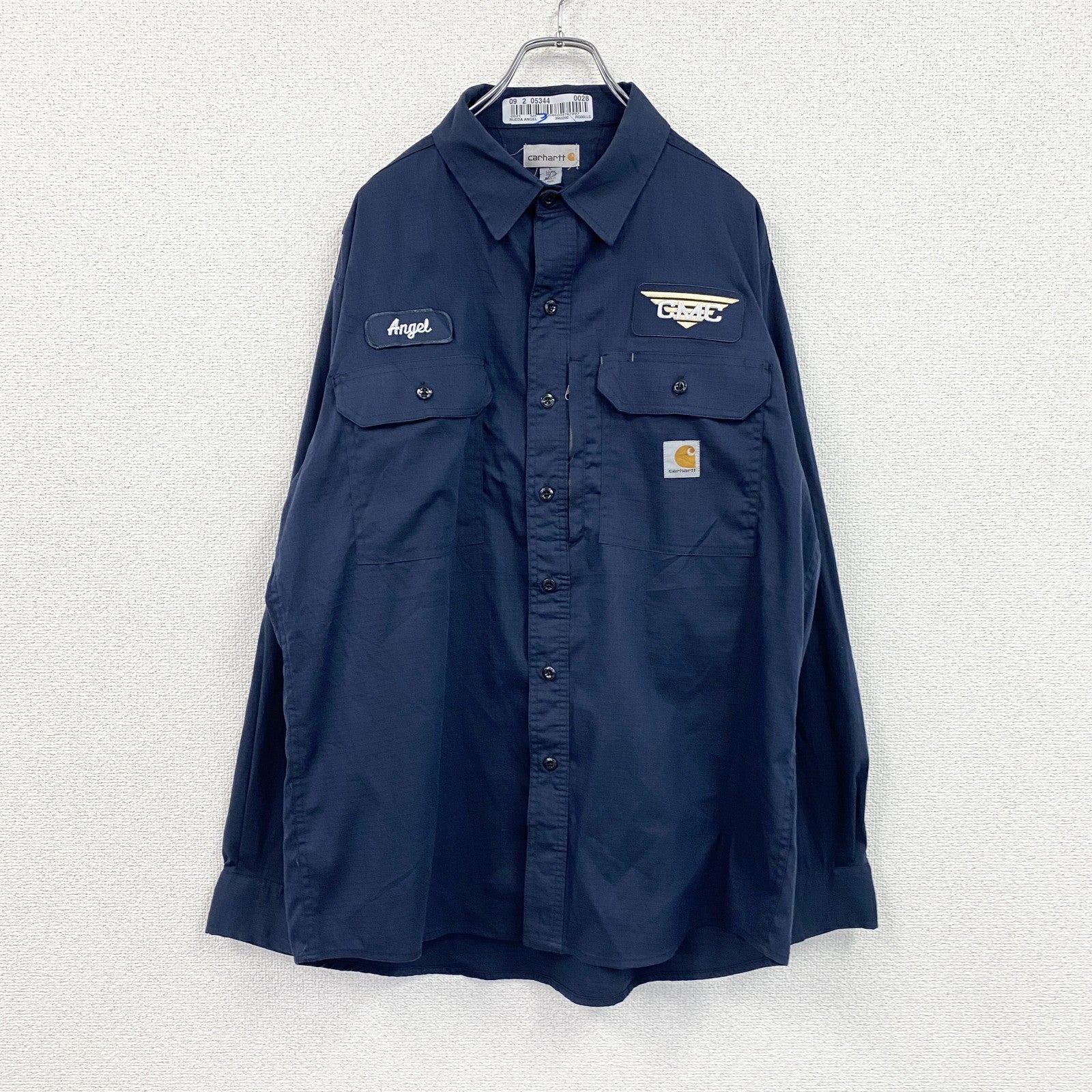 Carhartt　カーハート　長袖ワークシャツ　リップストップ　ワッペンカスタム　紺　ネイビー　Lサイズ