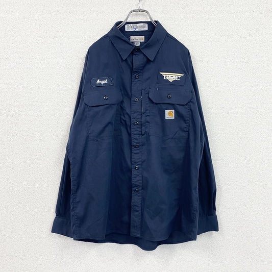 Carhartt　カーハート　長袖ワークシャツ　リップストップ　ワッペンカスタム　紺　ネイビー　Lサイズ