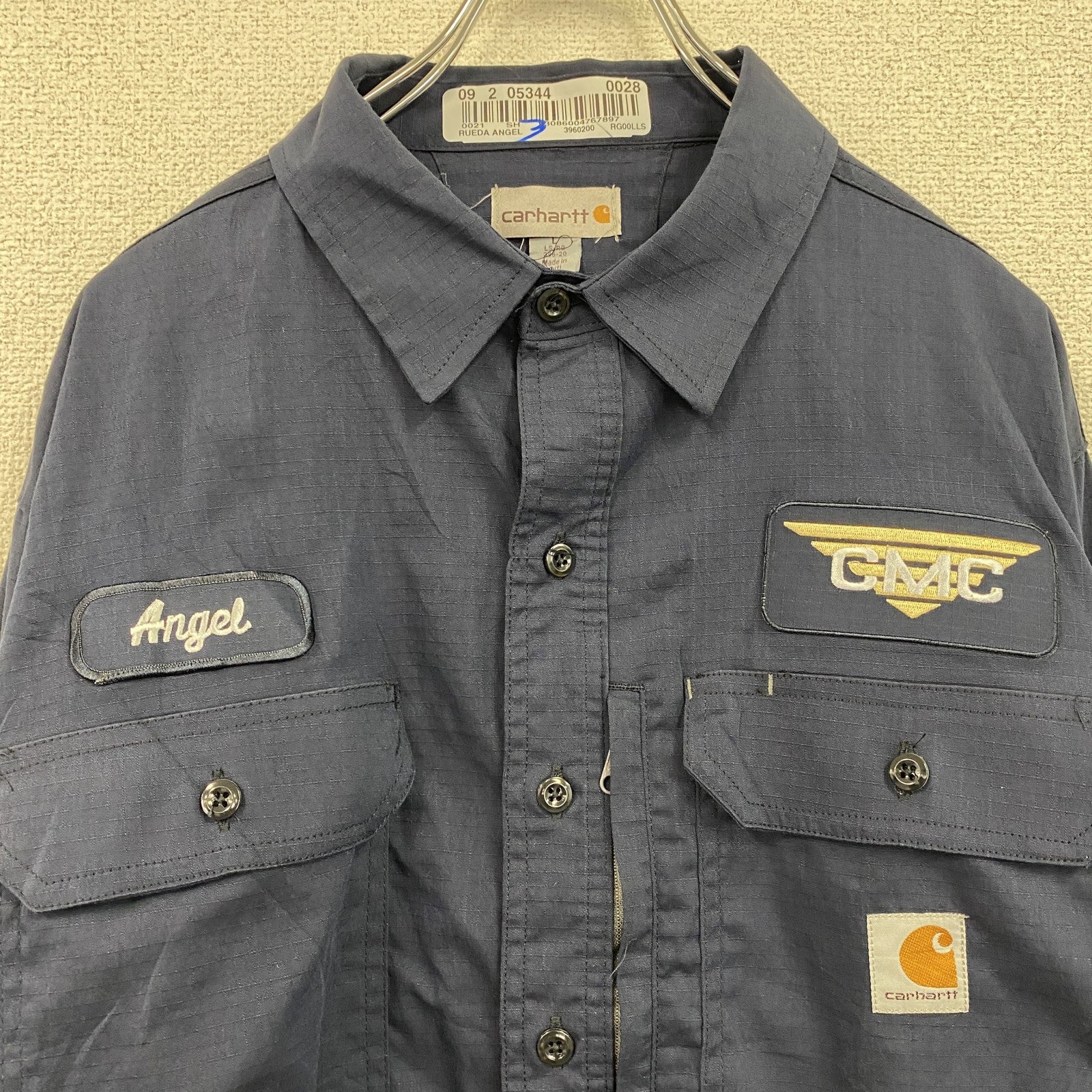 Carhartt　カーハート　長袖ワークシャツ　リップストップ　ワッペンカスタム　紺　ネイビー　Lサイズ