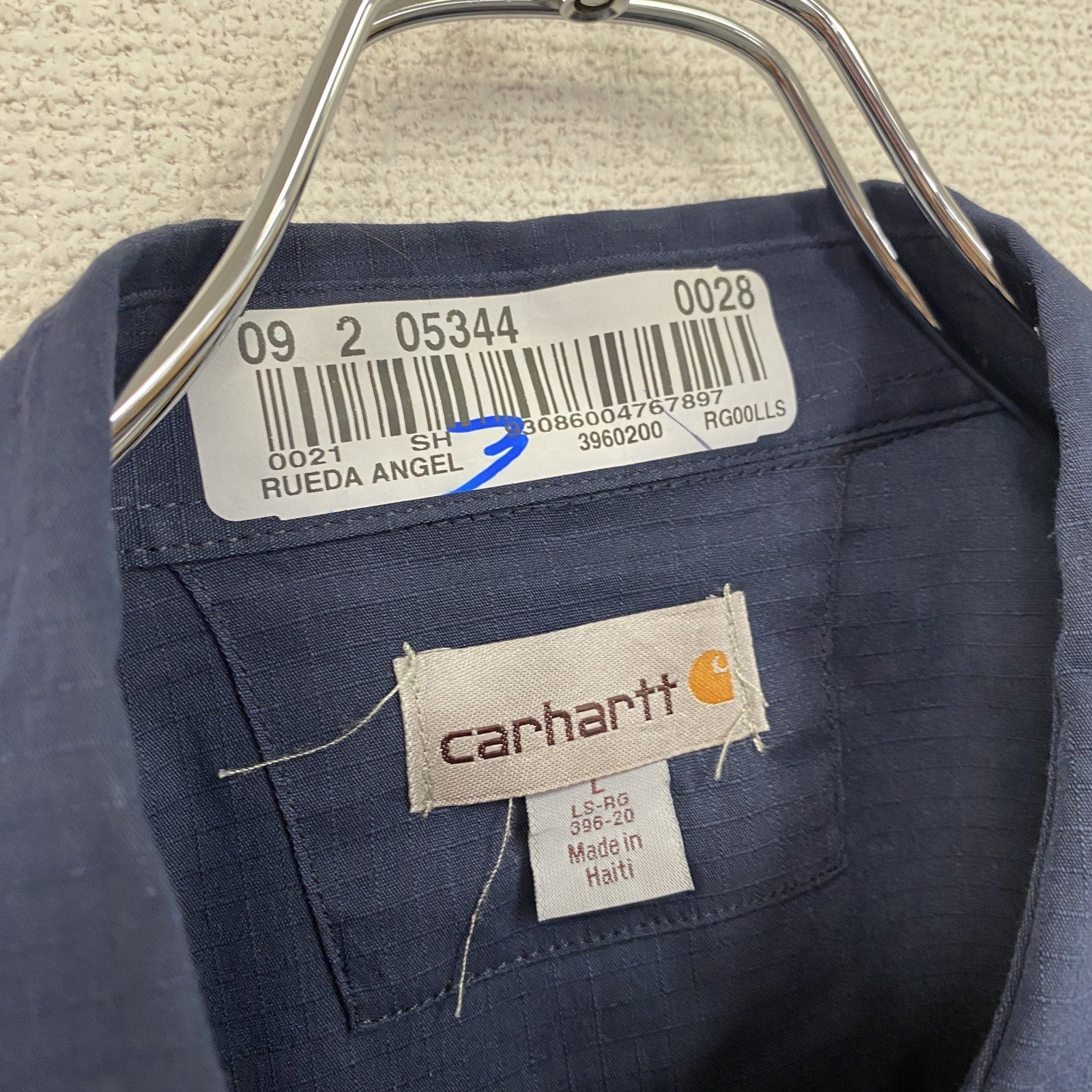 Carhartt　カーハート　長袖ワークシャツ　リップストップ　ワッペンカスタム　紺　ネイビー　Lサイズ