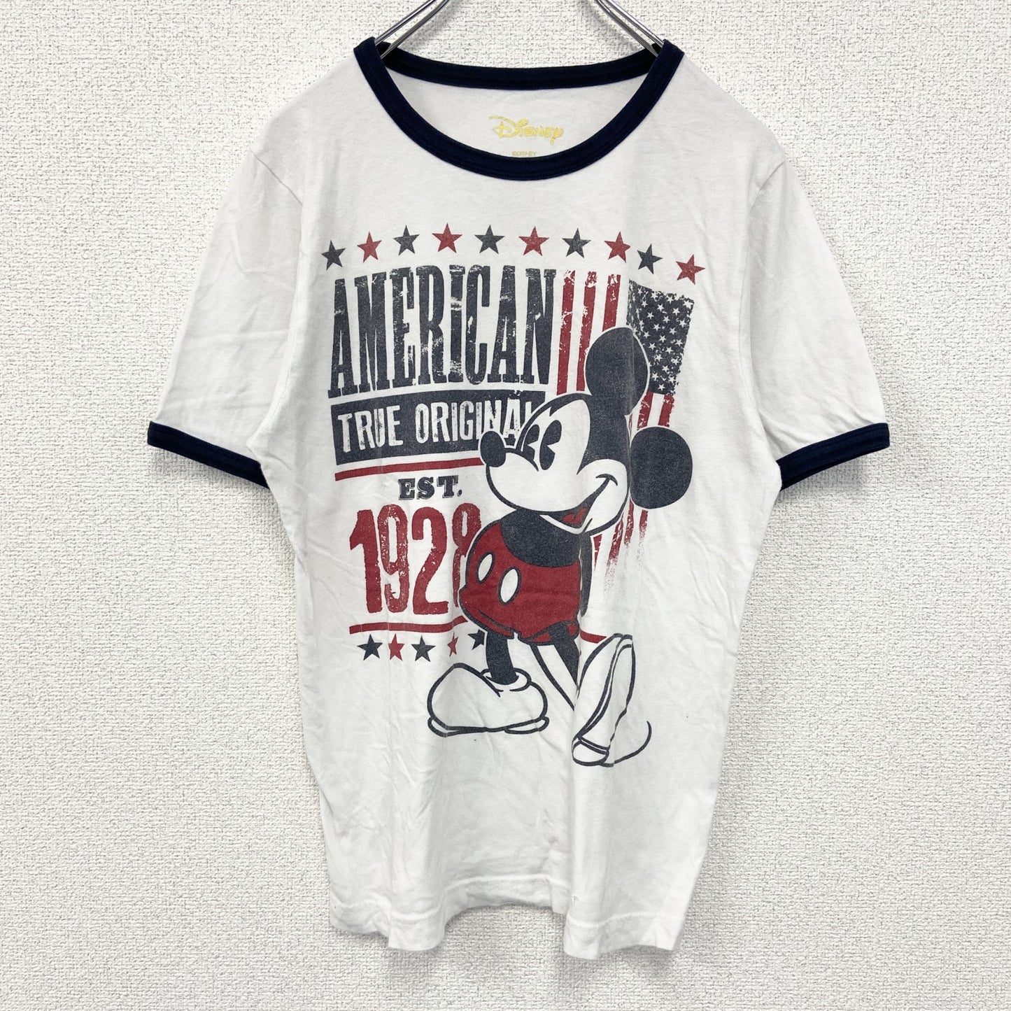 古着 used　Disney ディズニー　半袖プリントリンガーTシャツ　キャラクター　アメリカ　星条旗デザイン　Sサイズ