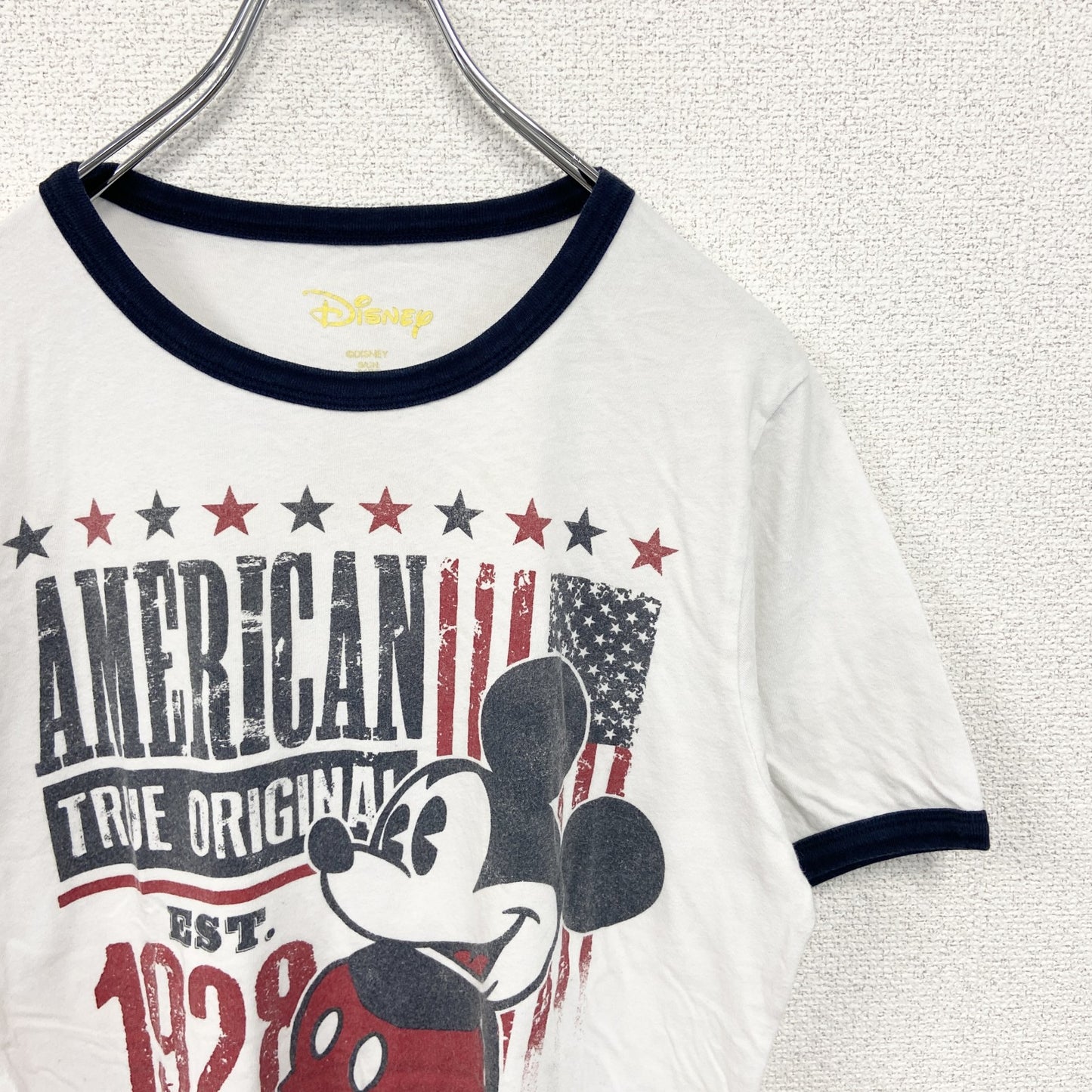 古着 used　Disney ディズニー　半袖プリントリンガーTシャツ　キャラクター　アメリカ　星条旗デザイン　Sサイズ