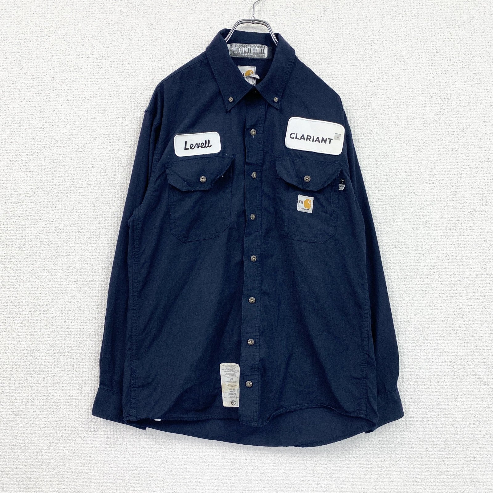 Carhartt　カーハート　長袖ワークシャツ　ボタンダウンシャツ　ワッペンカスタム　紺　ネイビー　Mサイズ