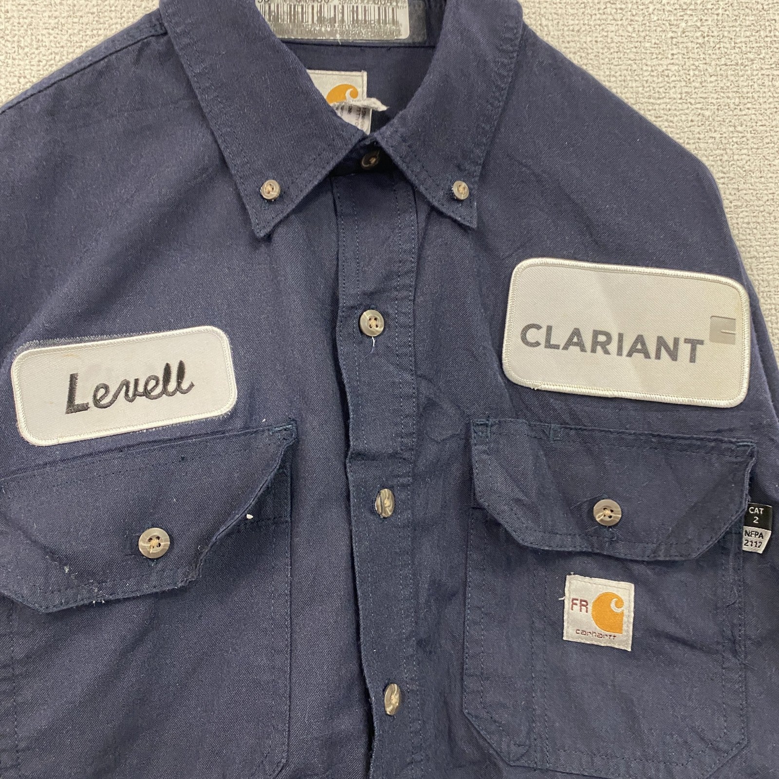 Carhartt　カーハート　長袖ワークシャツ　ボタンダウンシャツ　ワッペンカスタム　紺　ネイビー　Mサイズ