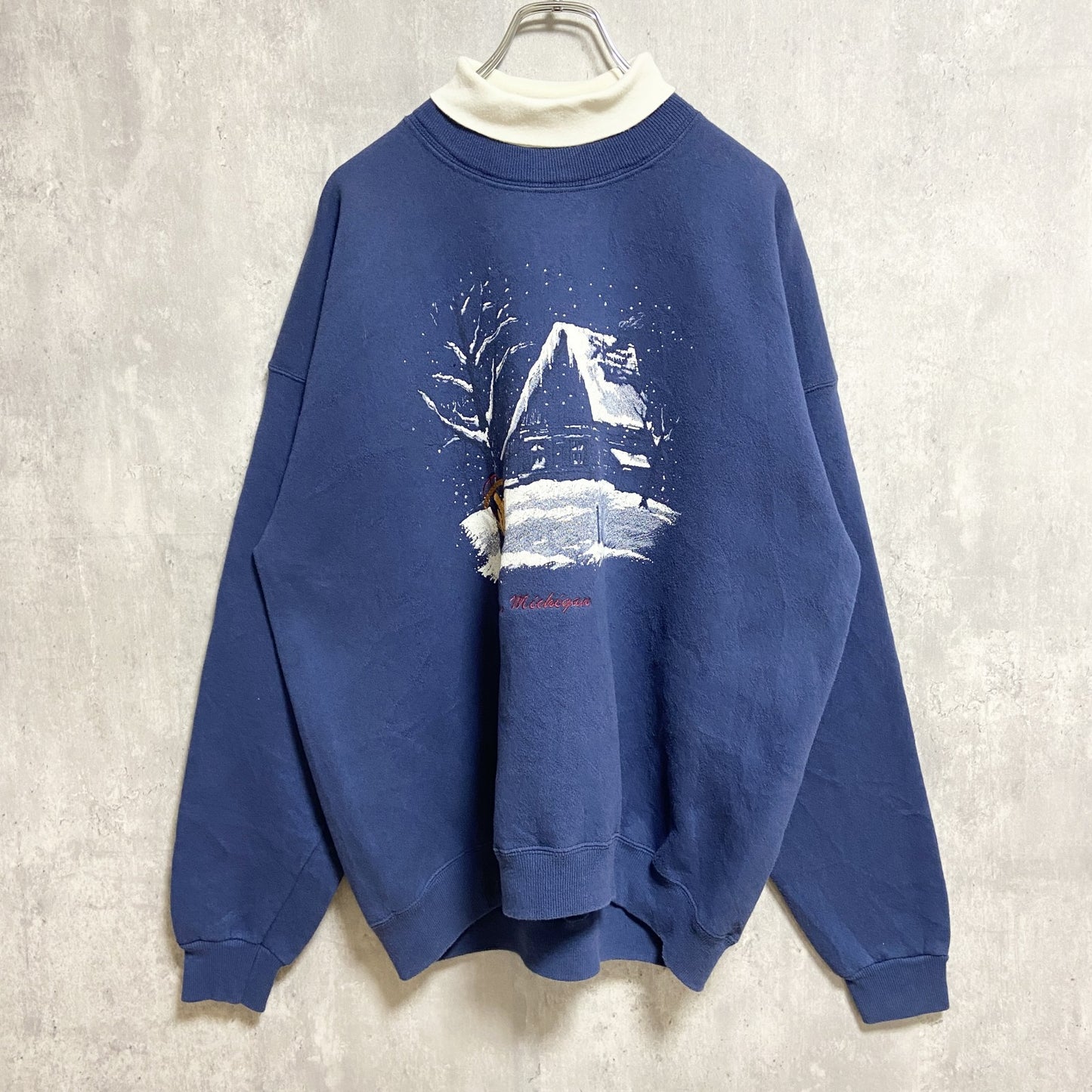 古着 used　90s　Lee　リー　長袖プリントスウェット　トレーナー　重ね着風　雪　青　ネイビー　USA製　オーバーサイズ