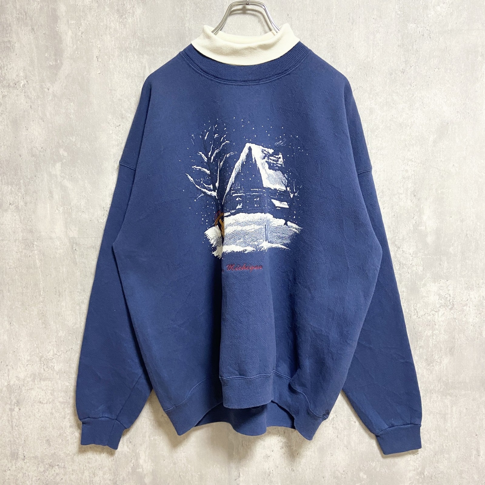 古着 used　90s　Lee　リー　長袖プリントスウェット　トレーナー　重ね着風　雪　青　ネイビー　USA製　オーバーサイズ
