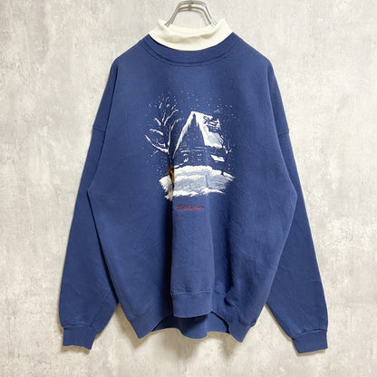 古着 used　90s　Lee　リー　長袖プリントスウェット　トレーナー　重ね着風　雪　青　ネイビー　USA製　オーバーサイズ