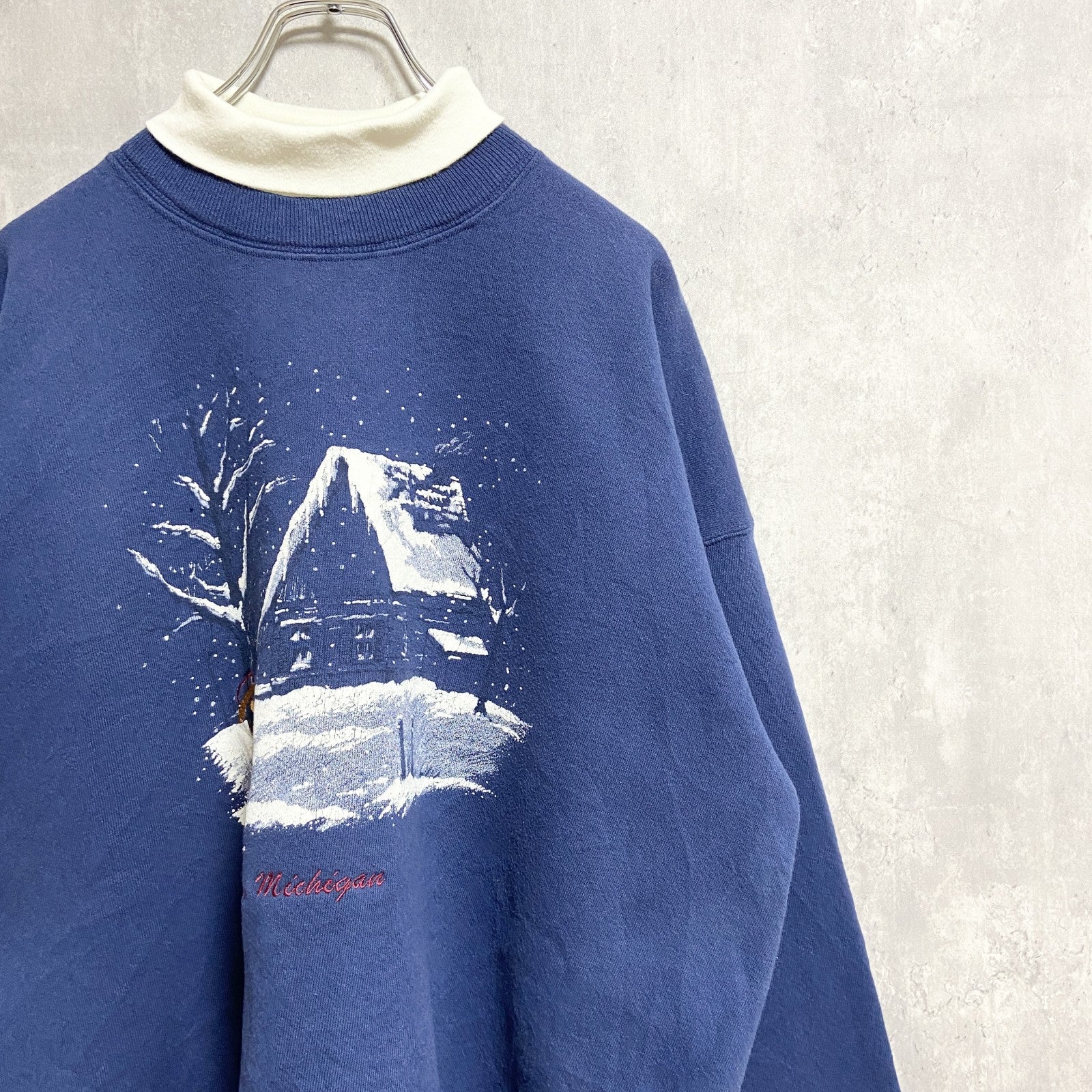 古着 used　90s　Lee　リー　長袖プリントスウェット　トレーナー　重ね着風　雪　青　ネイビー　USA製　オーバーサイズ