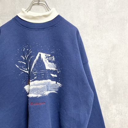 古着 used　90s　Lee　リー　長袖プリントスウェット　トレーナー　重ね着風　雪　青　ネイビー　USA製　オーバーサイズ