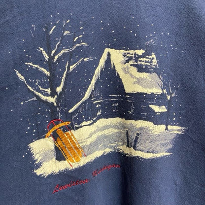 古着 used　90s　Lee　リー　長袖プリントスウェット　トレーナー　重ね着風　雪　青　ネイビー　USA製　オーバーサイズ