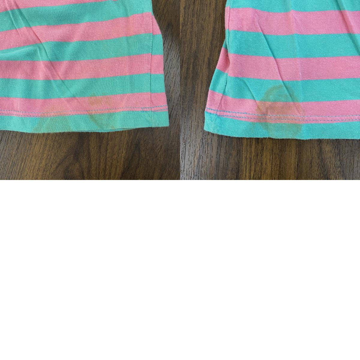 古着 used　SESAME STREET　半袖オリジナルプリントTシャツ　アーニー　ボーダー柄　バイカラー　ピンク　緑　Lサイズ