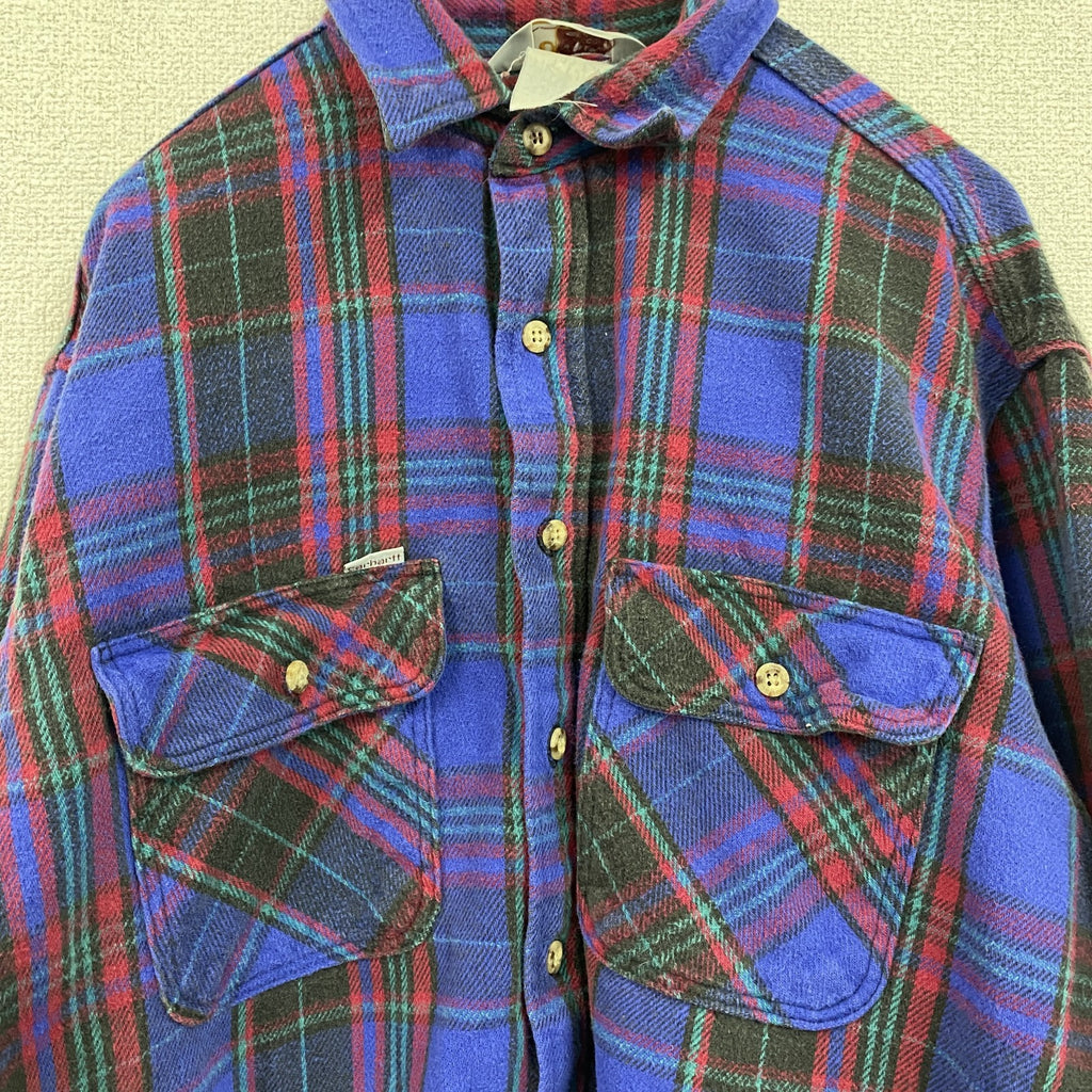 ～90s　Carhartt　カーハート　長袖ヘビーネルシャツ　チェック柄　ヴィンテージ　三角タグ　青　ブルー