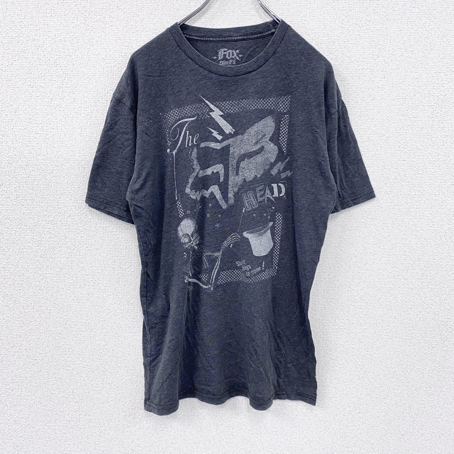 Fox Racing　フォックスレーシング　半袖プリントTシャツ　デカロゴ　スカル　骸骨　クルーネック　黒　ブラック　Lサイズ
