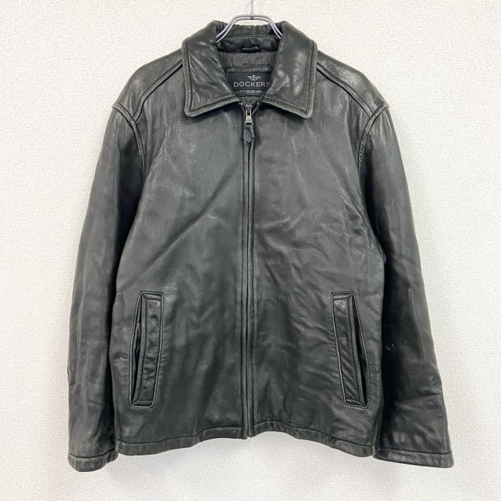 90s　DOCKERS　ドッカーズ　レザージャケット/革ジャン　シングルライダースジャケット　黒　ブラック　XLサイズ
