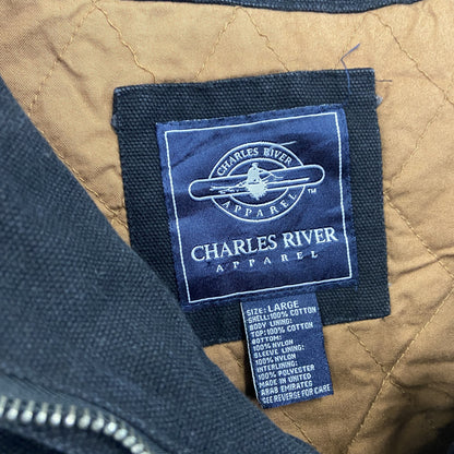 90s　CHARLES RIVER　フルジップダックジャケット　コーデュロイカラー　ヴィンテージ　黒　ブラック　Lサイズ