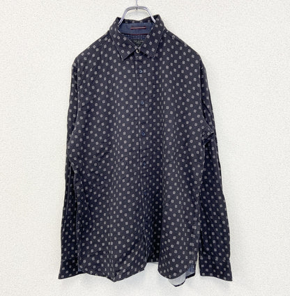 古着 used　TED BAKER LONDON　長袖総柄シャツ　和柄風　レトロデザイン　ノームコア　ビッグシルエット　ネイビー