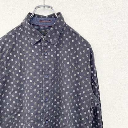 古着 used　TED BAKER LONDON　長袖総柄シャツ　和柄風　レトロデザイン　ノームコア　ビッグシルエット　ネイビー