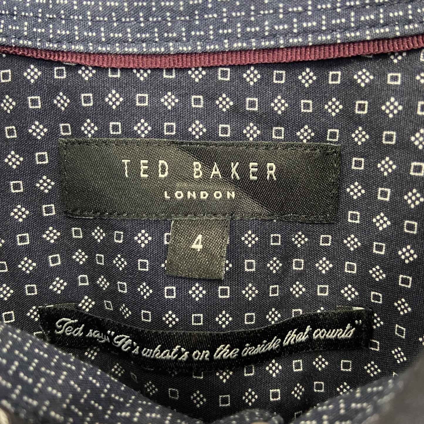 古着 used　TED BAKER LONDON　長袖総柄シャツ　和柄風　レトロデザイン　ノームコア　ビッグシルエット　ネイビー