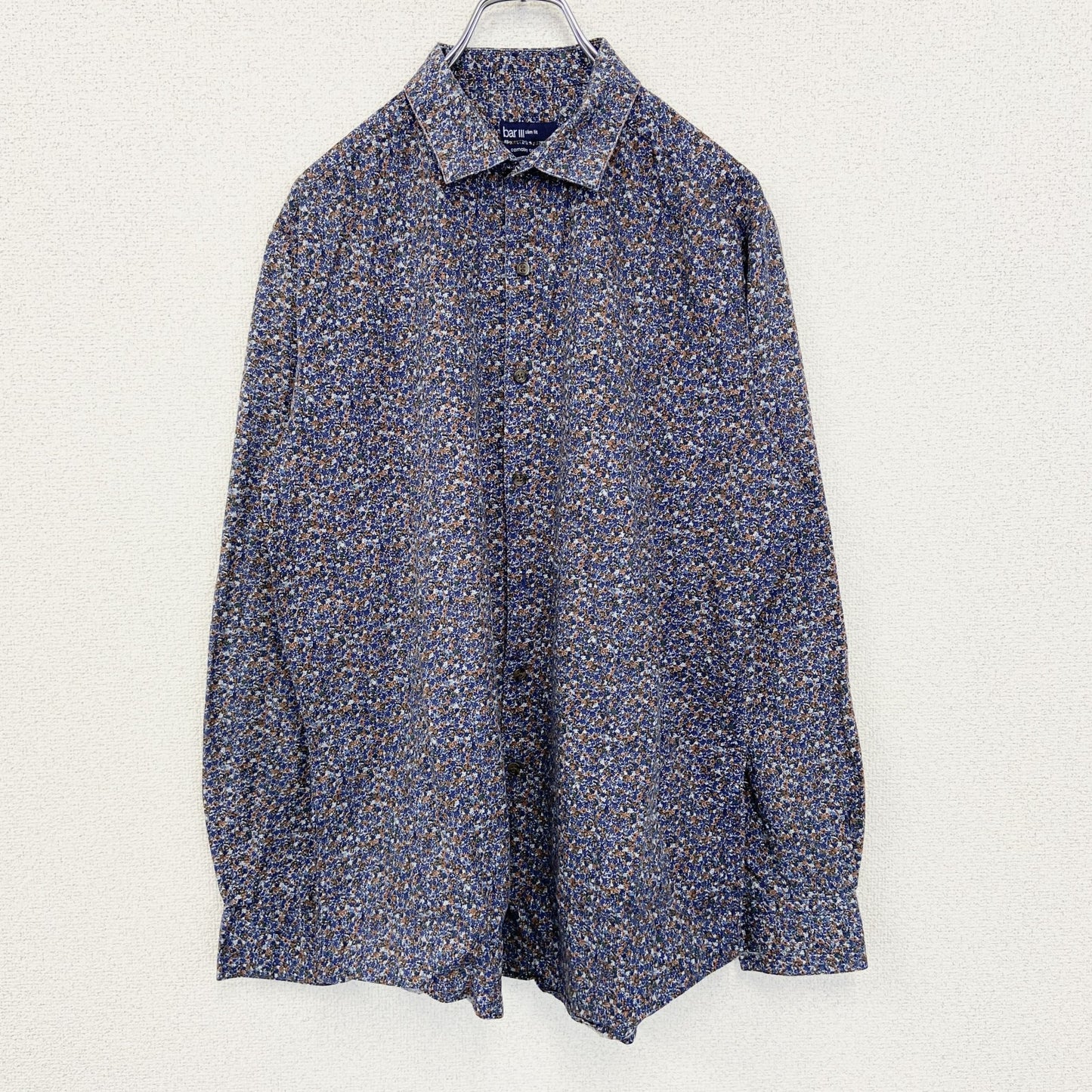 古着 used　bar Ⅲ　長袖花柄シャツ　総柄　スリムフィット　個性的　レトロデザイン　ネイビー　紺　シンプル　