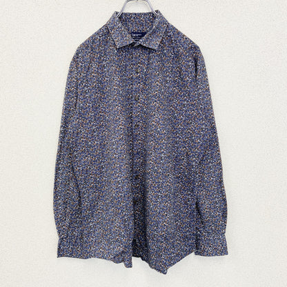 古着 used　bar Ⅲ　長袖花柄シャツ　総柄　スリムフィット　個性的　レトロデザイン　ネイビー　紺　シンプル　