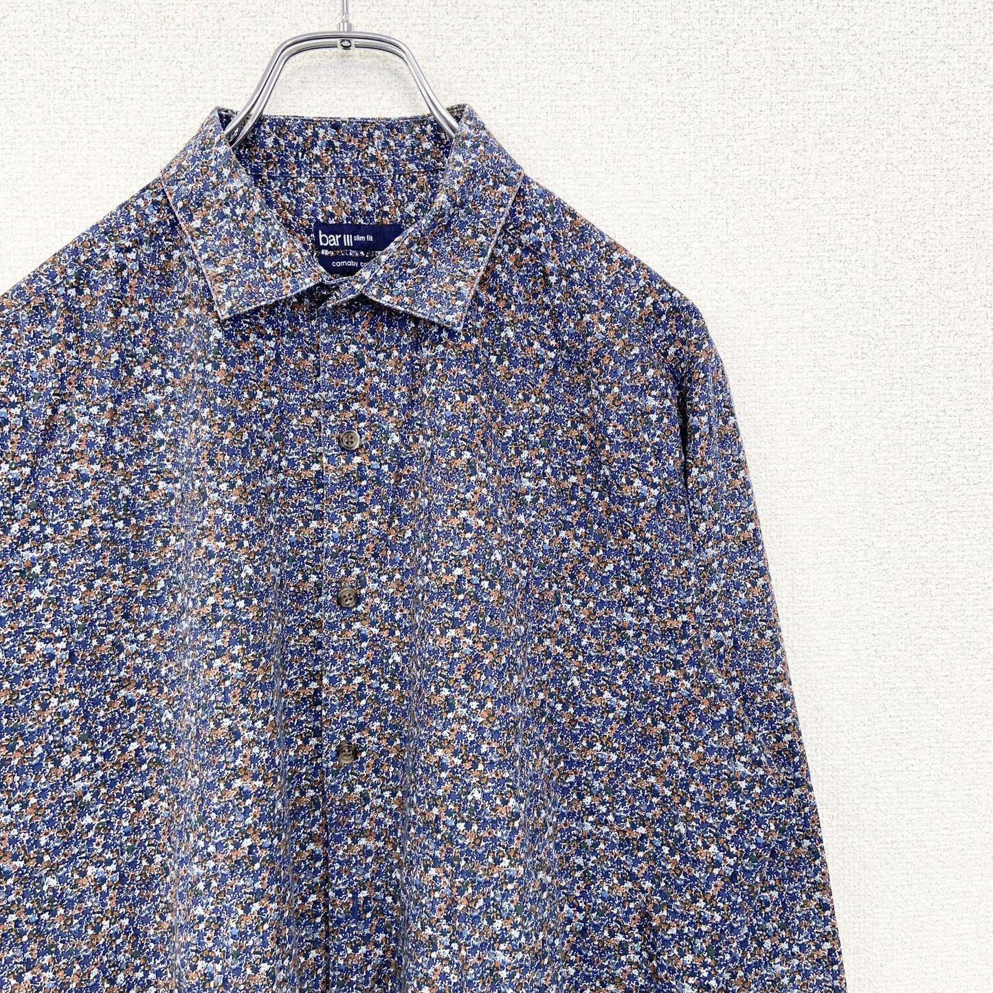古着 used　bar Ⅲ　長袖花柄シャツ　総柄　スリムフィット　個性的　レトロデザイン　ネイビー　紺　シンプル　
