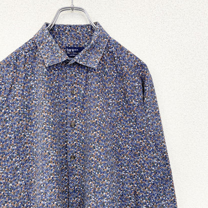 古着 used　bar Ⅲ　長袖花柄シャツ　総柄　スリムフィット　個性的　レトロデザイン　ネイビー　紺　シンプル　