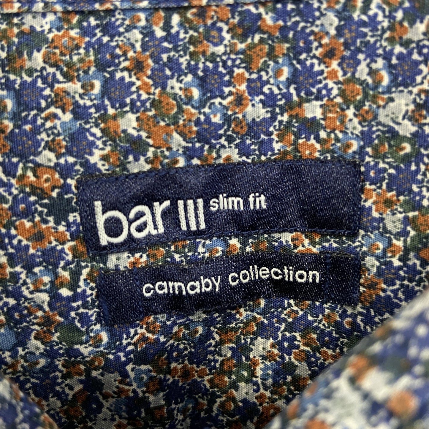 古着 used　bar Ⅲ　長袖花柄シャツ　総柄　スリムフィット　個性的　レトロデザイン　ネイビー　紺　シンプル　