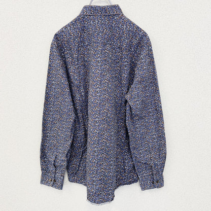 古着 used　bar Ⅲ　長袖花柄シャツ　総柄　スリムフィット　個性的　レトロデザイン　ネイビー　紺　シンプル　