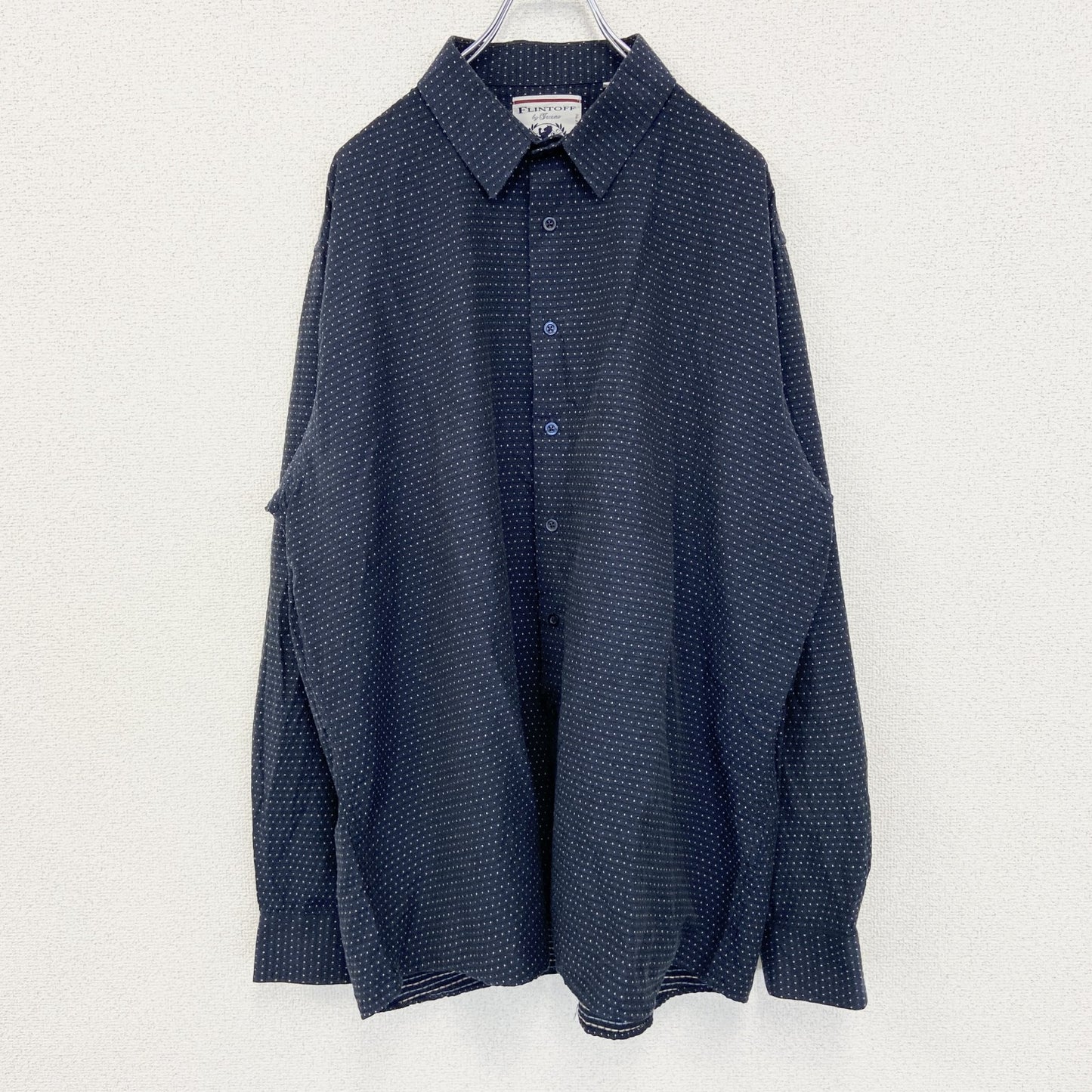 古着 used　bar　FULINYOFF　長袖柄シャツ　襟付き　総柄　個性的　レトロデザイン　ネイビー　紺　XLサイズ　