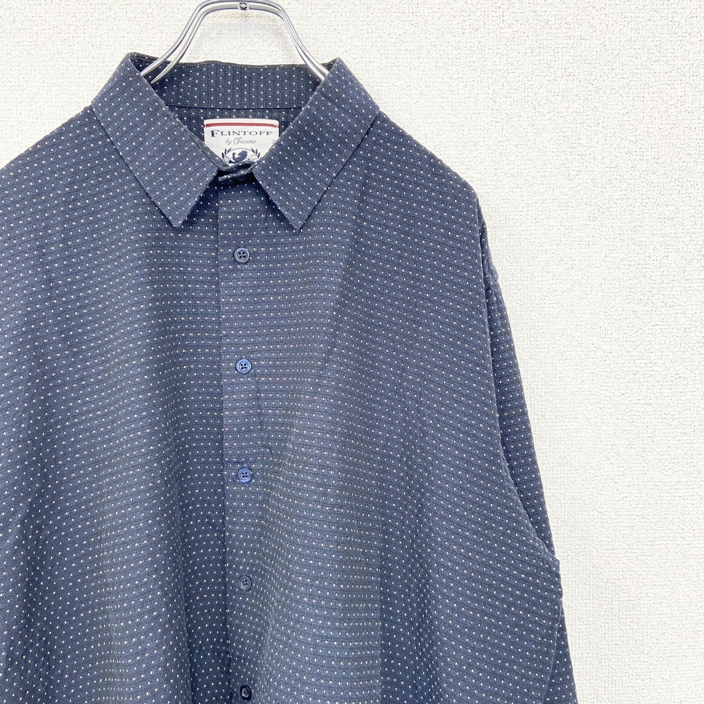 古着 used　bar　FULINYOFF　長袖柄シャツ　襟付き　総柄　個性的　レトロデザイン　ネイビー　紺　XLサイズ　