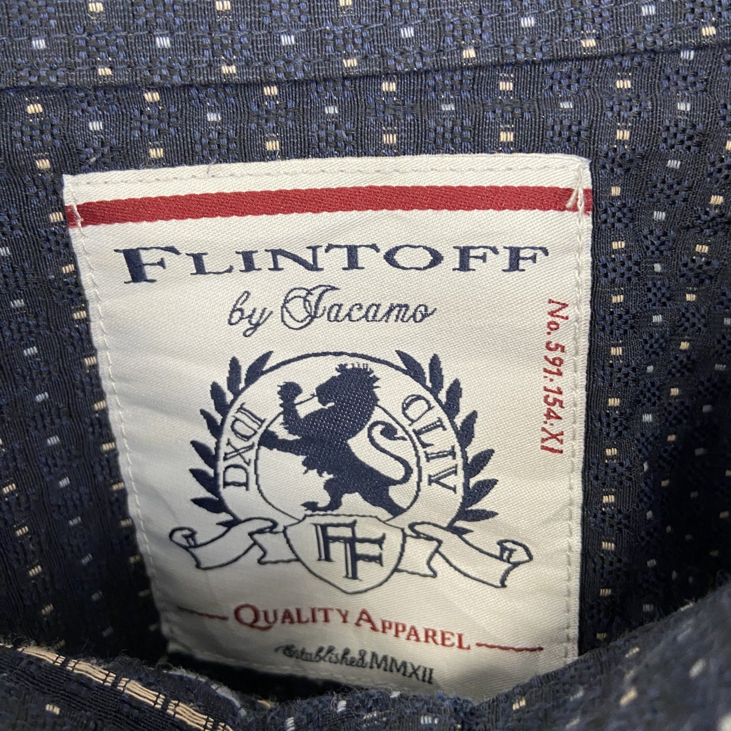 古着 used　bar　FULINYOFF　長袖柄シャツ　襟付き　総柄　個性的　レトロデザイン　ネイビー　紺　XLサイズ　