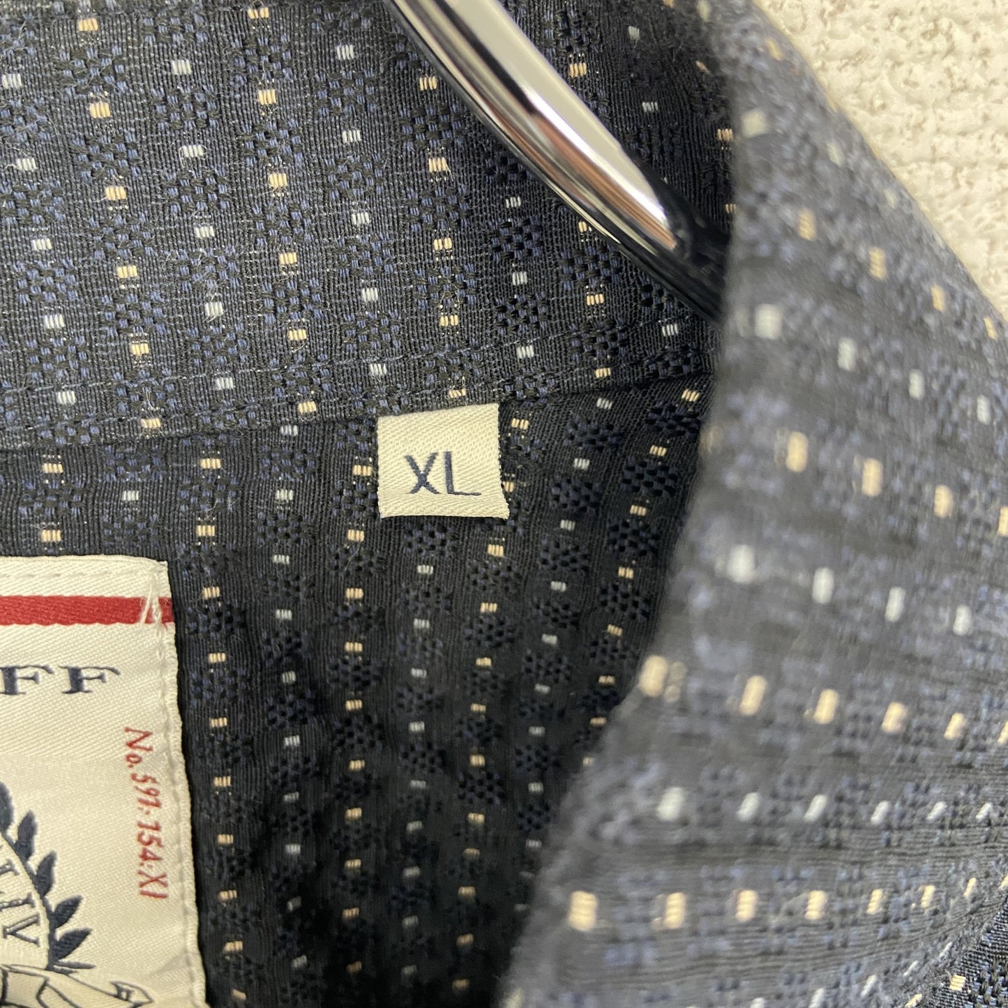 古着 used　bar　FULINYOFF　長袖柄シャツ　襟付き　総柄　個性的　レトロデザイン　ネイビー　紺　XLサイズ　