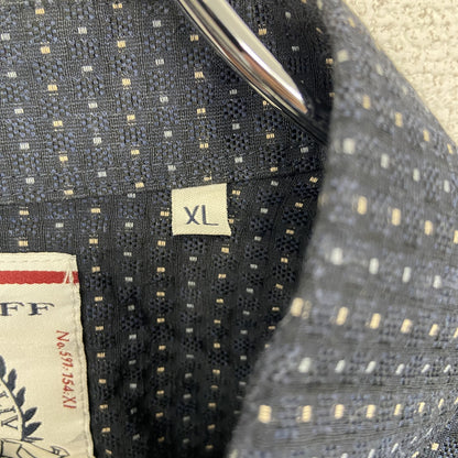 古着 used　bar　FULINYOFF　長袖柄シャツ　襟付き　総柄　個性的　レトロデザイン　ネイビー　紺　XLサイズ　