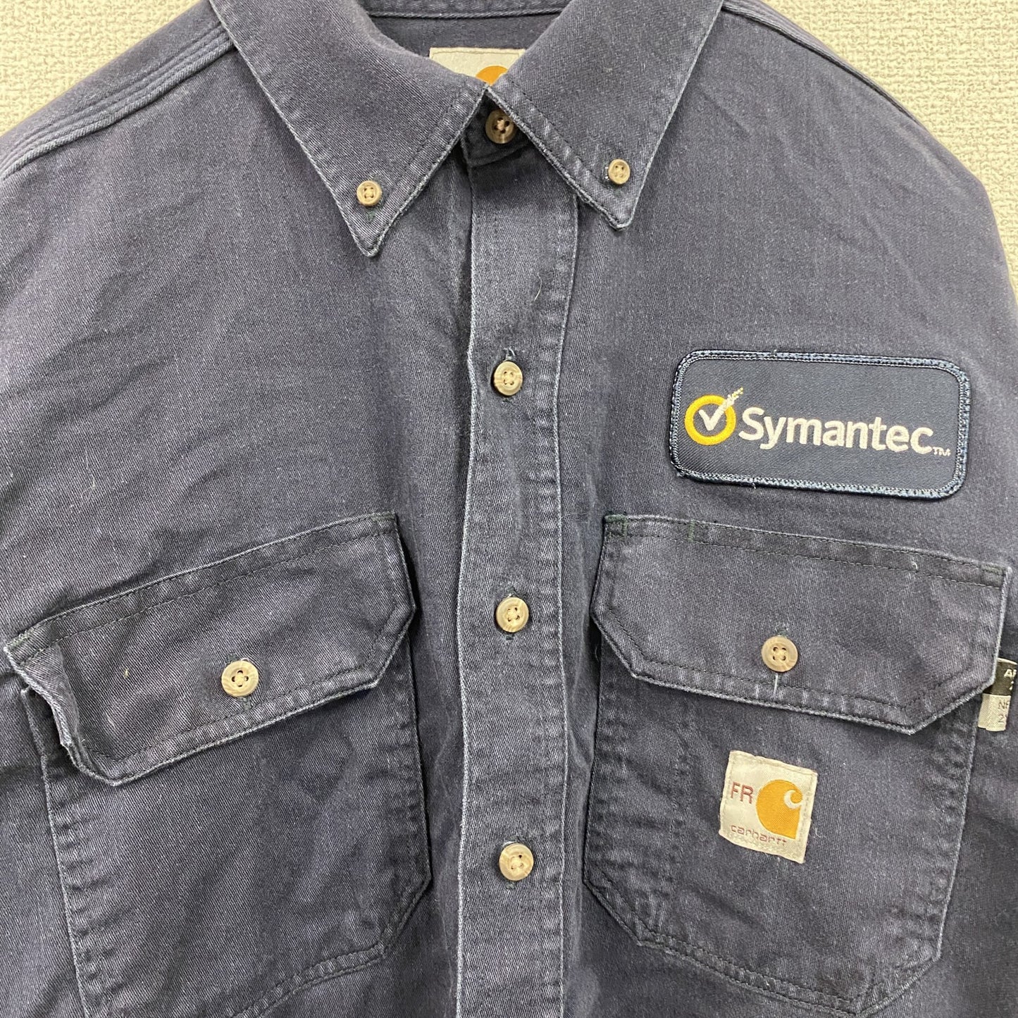 Carhartt　カーハート　長袖ワークシャツ　ボタンダウンシャツ　ワッペンカスタム　紺　ネイビー　Ｍサイズ