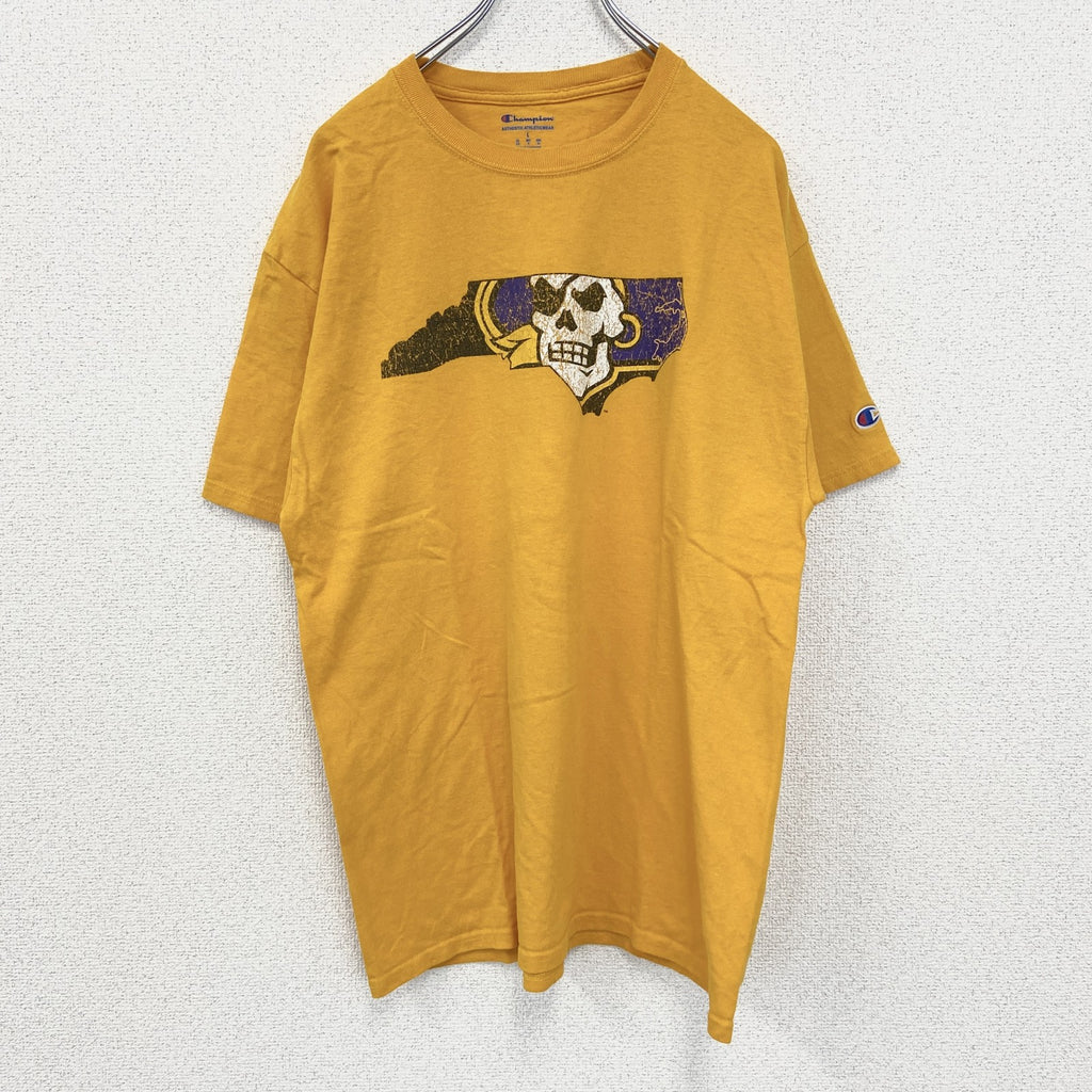 古着 used　champion チャンピオン　半袖ダメージプリントTシャツ　スカルデザイン　黄　イエロー　クルーネック　Lサイズ