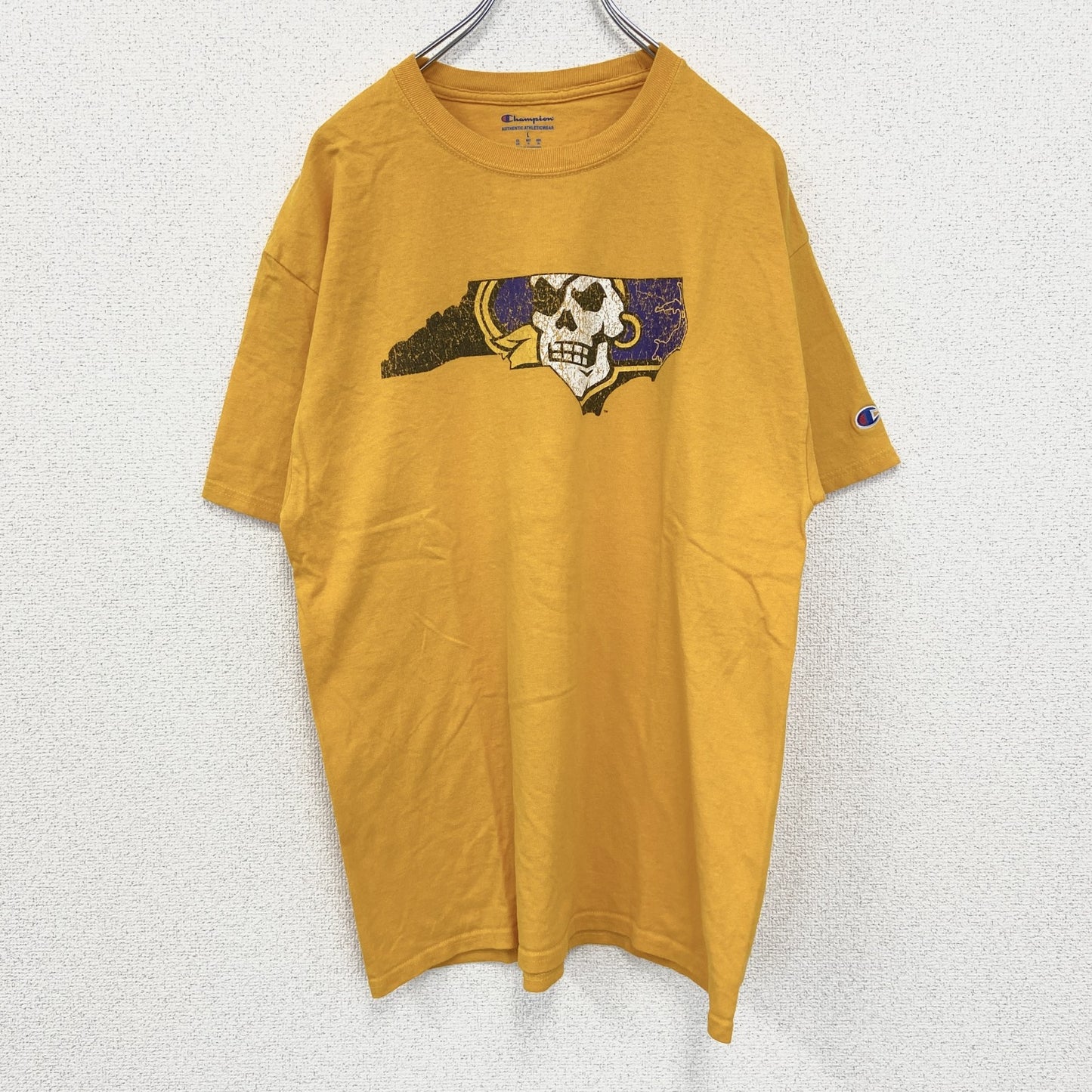 古着 used　champion チャンピオン　半袖ダメージプリントTシャツ　スカルデザイン　黄　イエロー　クルーネック　Lサイズ