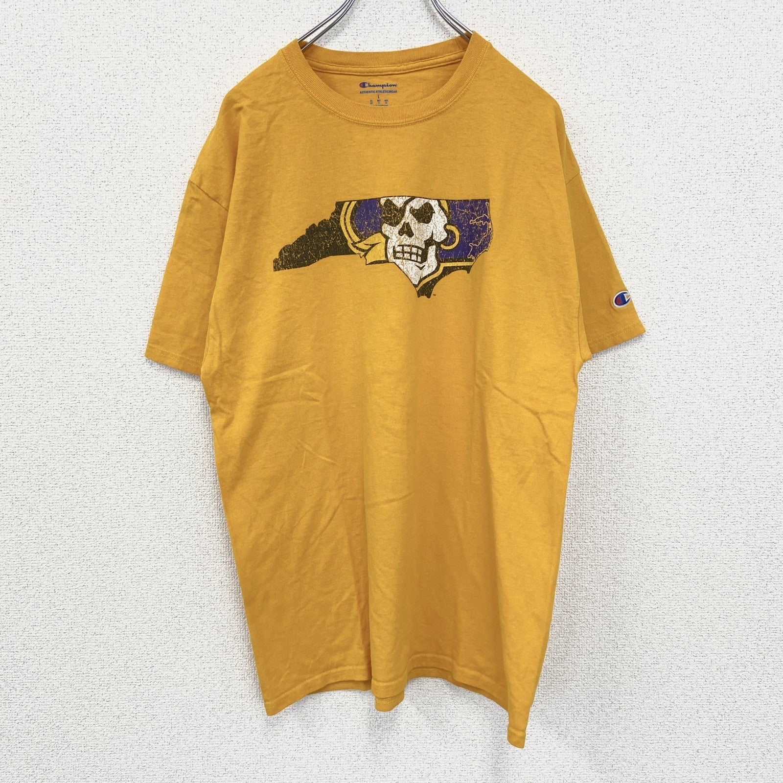 古着 used　champion チャンピオン　半袖ダメージプリントTシャツ　スカルデザイン　黄　イエロー　クルーネック　Lサイズ