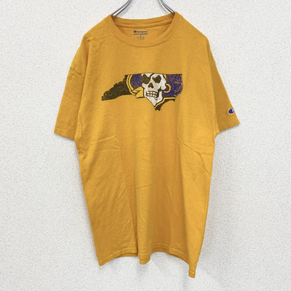 古着 used　champion チャンピオン　半袖ダメージプリントTシャツ　スカルデザイン　黄　イエロー　クルーネック　Lサイズ