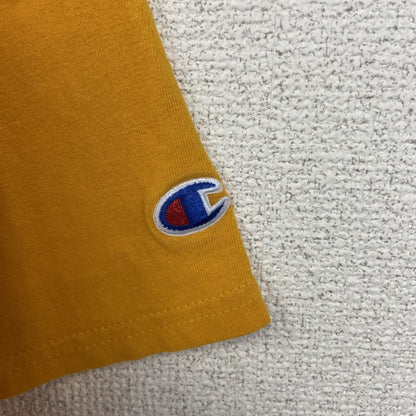 古着 used　champion チャンピオン　半袖ダメージプリントTシャツ　スカルデザイン　黄　イエロー　クルーネック　Lサイズ