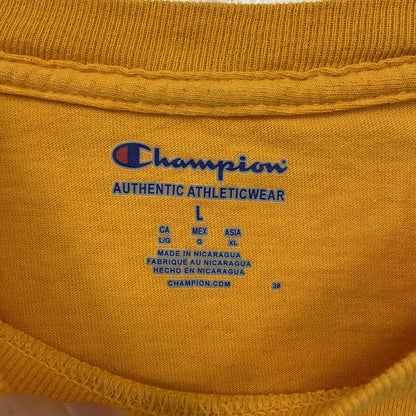 古着 used　champion チャンピオン　半袖ダメージプリントTシャツ　スカルデザイン　黄　イエロー　クルーネック　Lサイズ