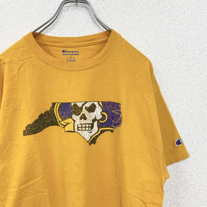 古着 used　champion チャンピオン　半袖ダメージプリントTシャツ　スカルデザイン　黄　イエロー　クルーネック　Lサイズ