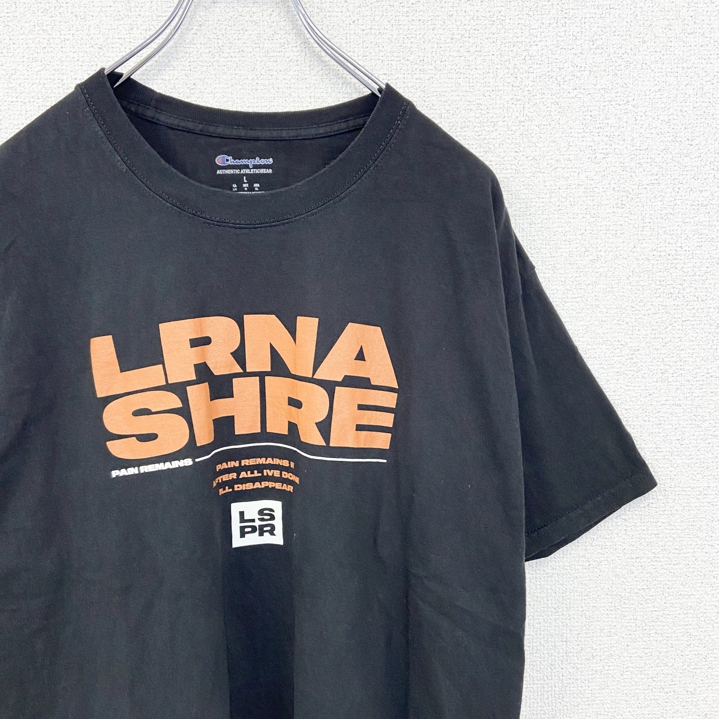 古着 used　champion チャンピオン　半袖バンドTシャツ　バックプリント　ローナ ショア　黒　クルーネック　Lサイズ