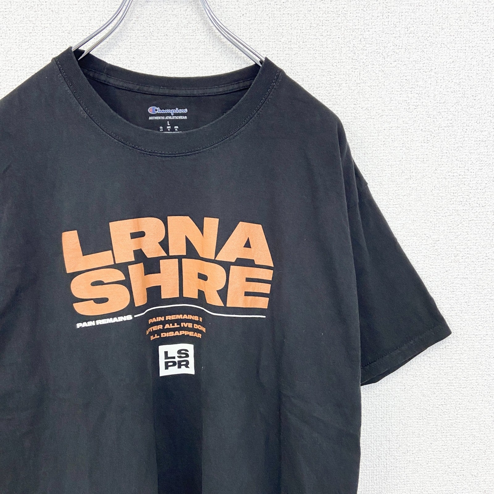 古着 used　champion チャンピオン　半袖バンドTシャツ　バックプリント　ローナ ショア　黒　クルーネック　Lサイズ