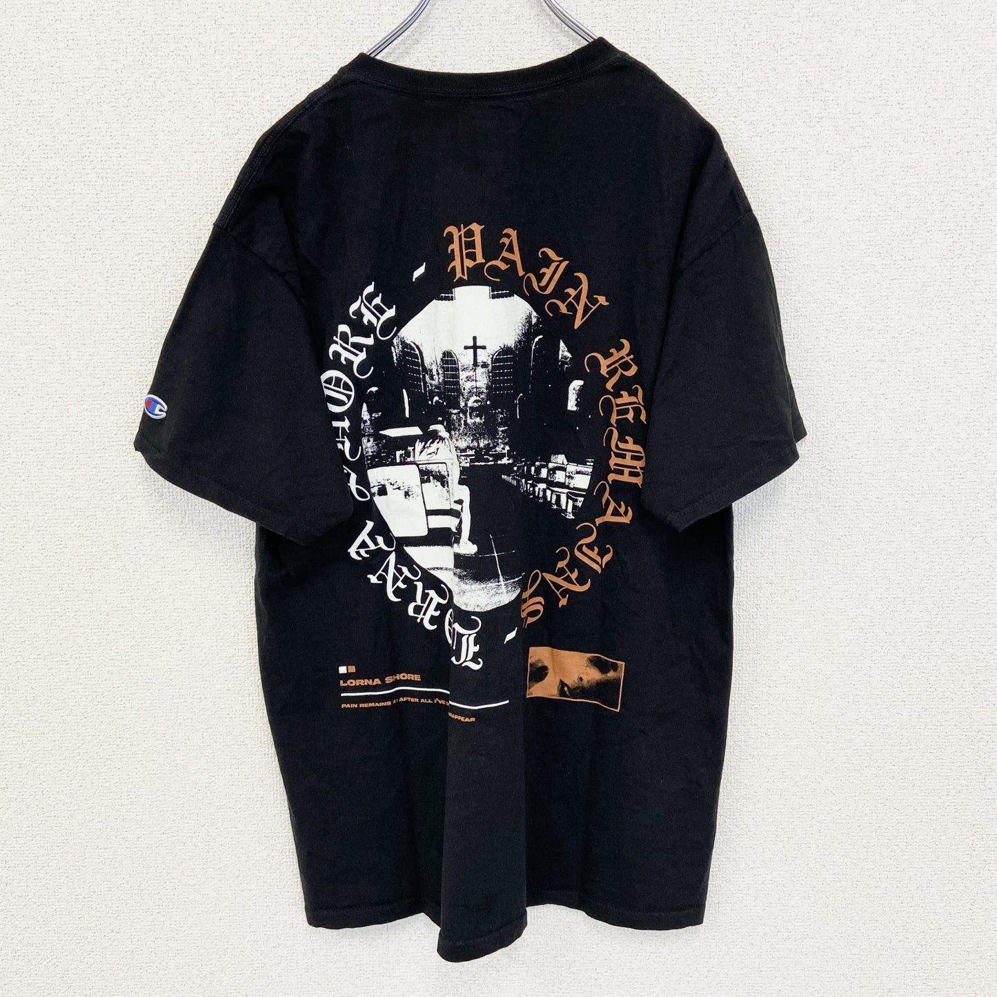 古着 used　champion チャンピオン　半袖バンドTシャツ　バックプリント　ローナ ショア　黒　クルーネック　Lサイズ
