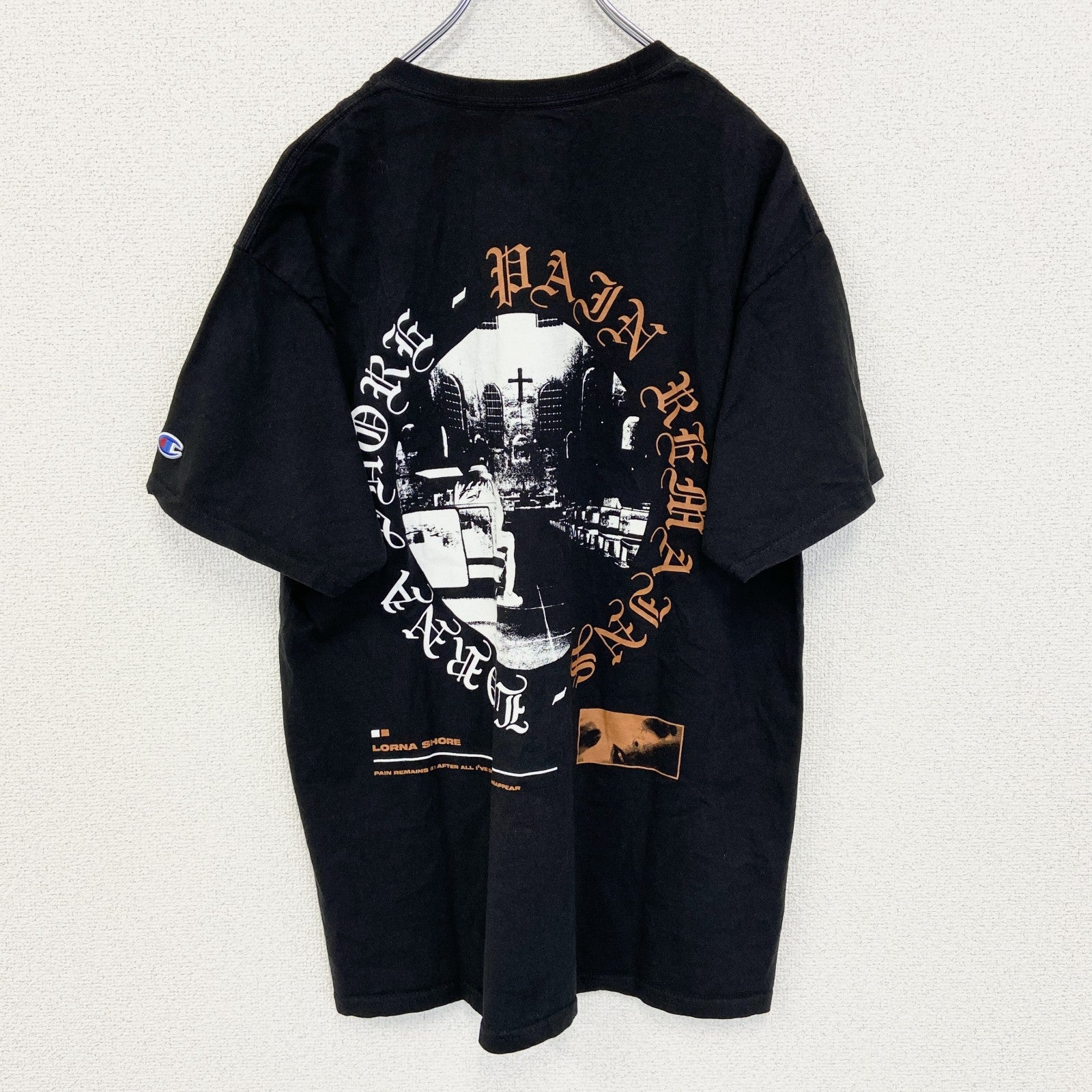 古着 used　champion チャンピオン　半袖バンドTシャツ　バックプリント　ローナ ショア　黒　クルーネック　Lサイズ