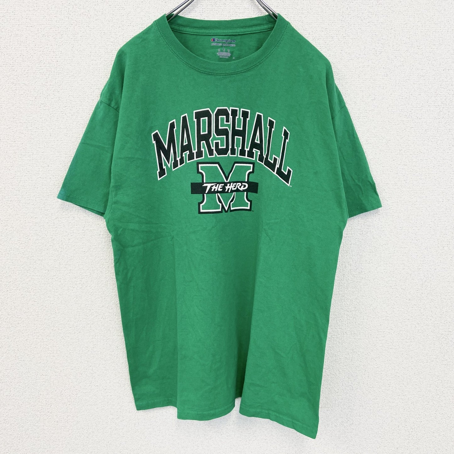 古着 used　champion　チャンピオン　半袖カレッジプリントTシャツ　マーシャル大学　緑　クルーネック　レトロ　Lサイズ